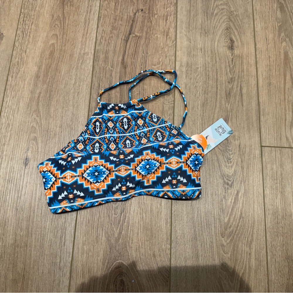 Charmo Blue & Orange Geometric‎ High-Neck Bikini Top